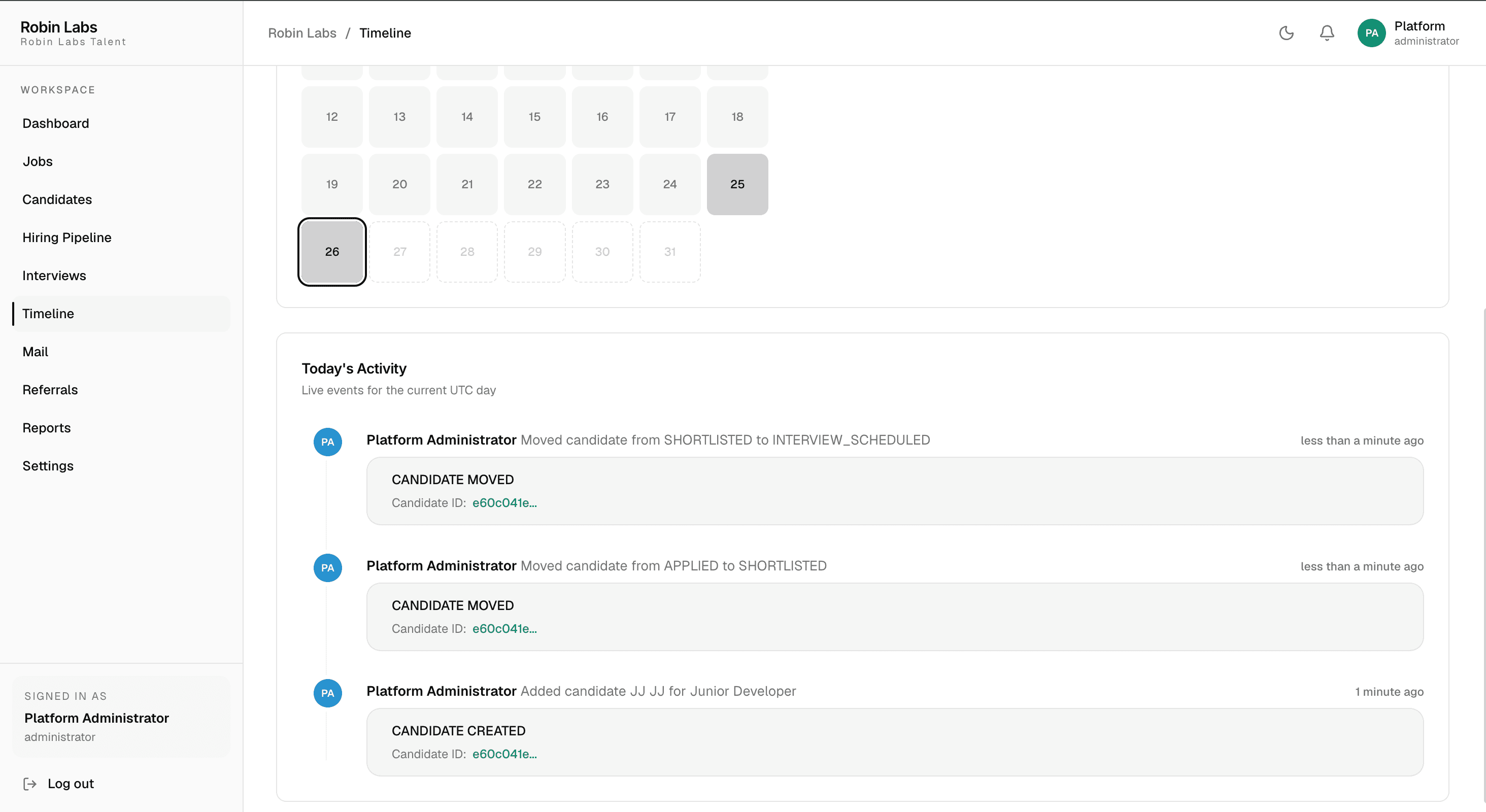 Activity timeline with a date calendar and a feed of candidate created and candidate moved events with actor and time
