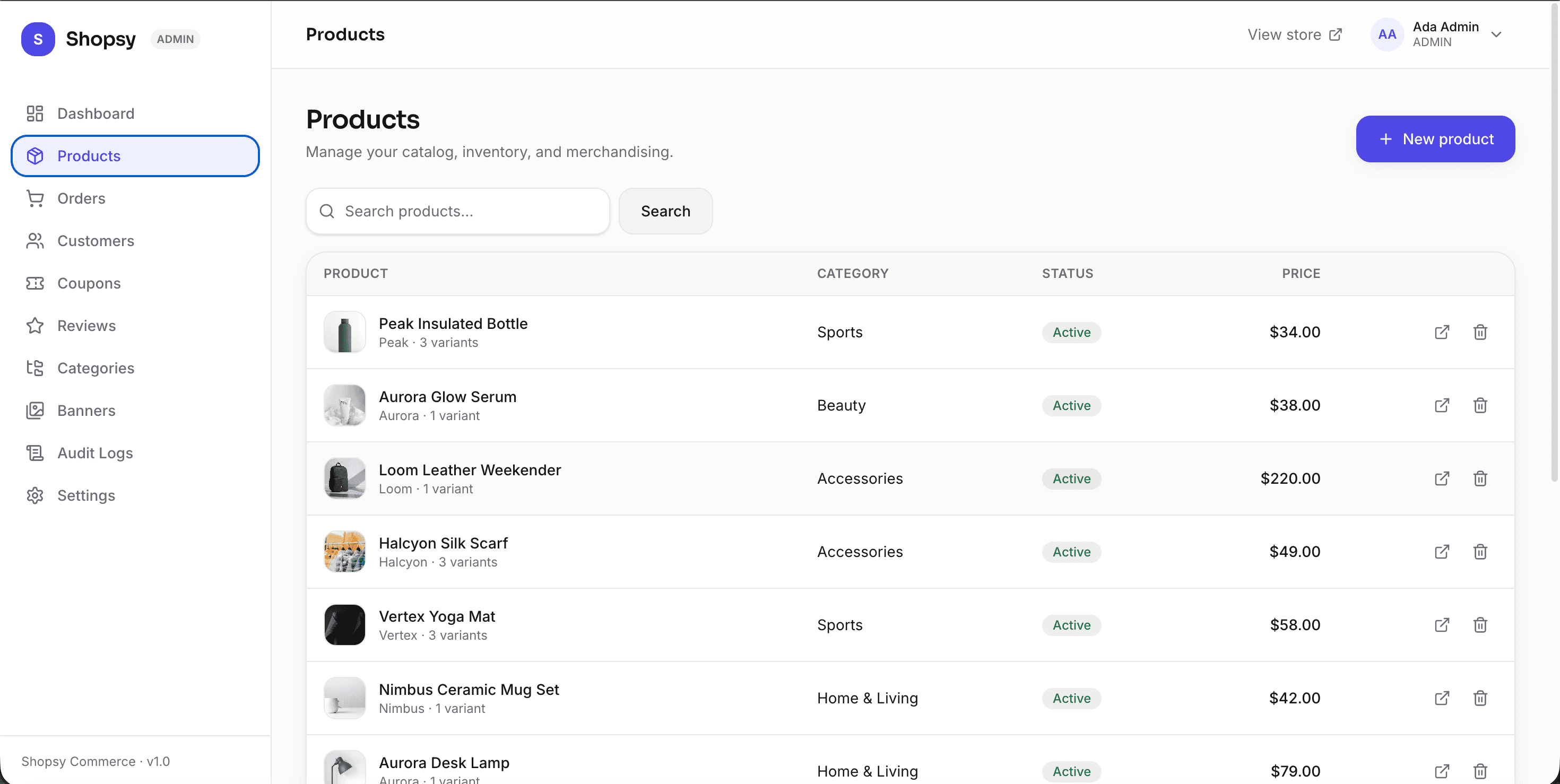 E-commerce admin dashboard