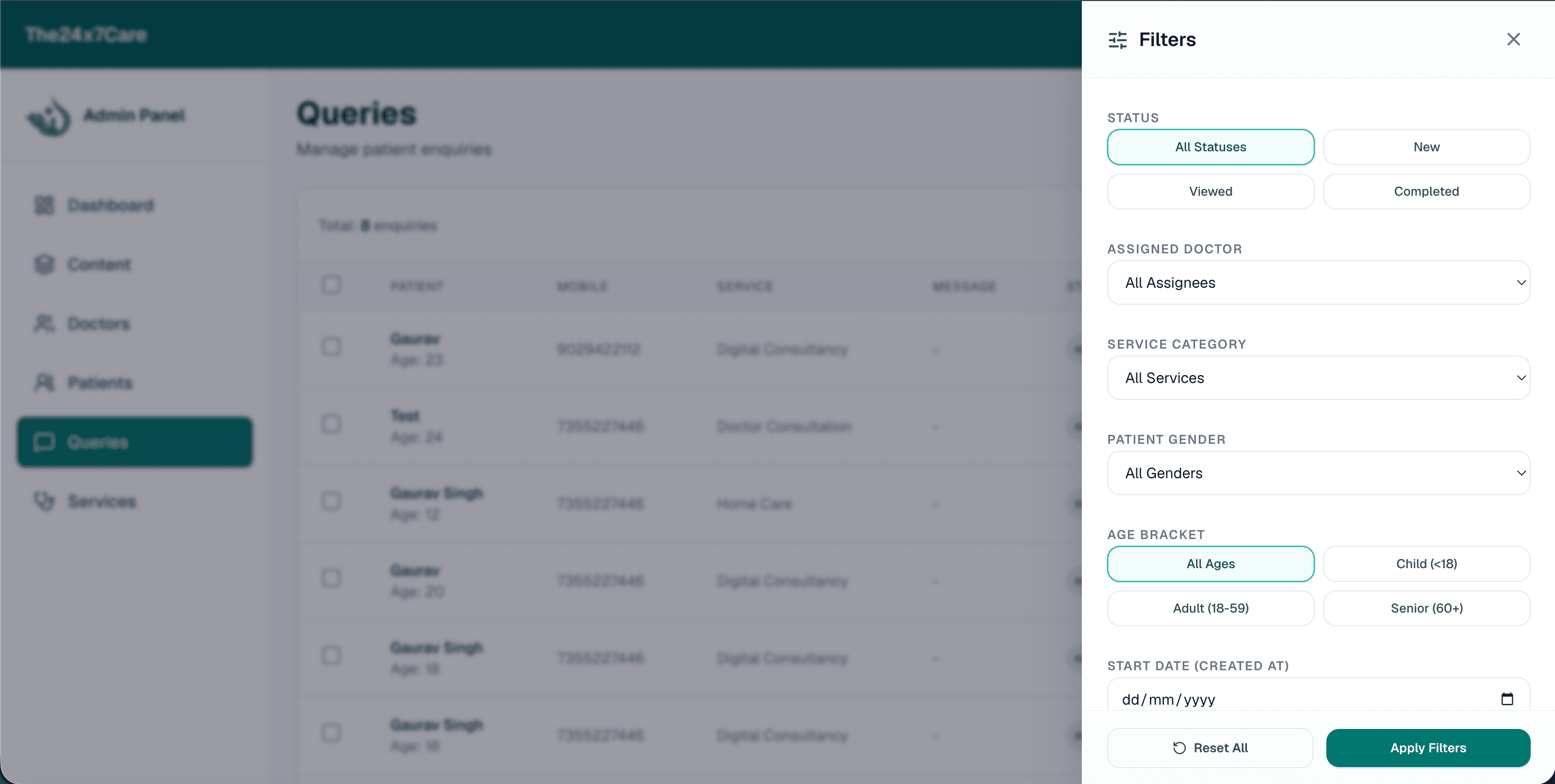 Clinic query management with filters