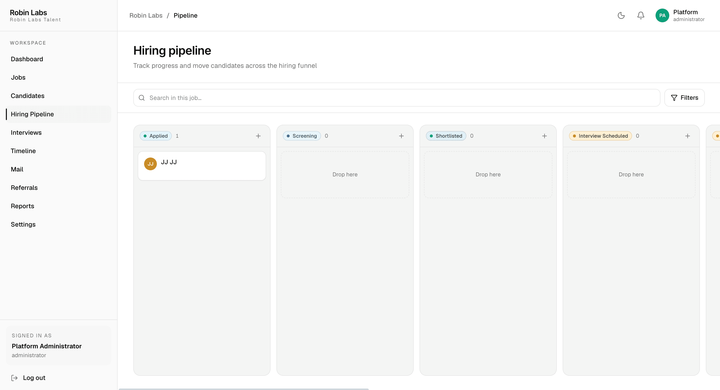 Hiring pipeline board with stage columns