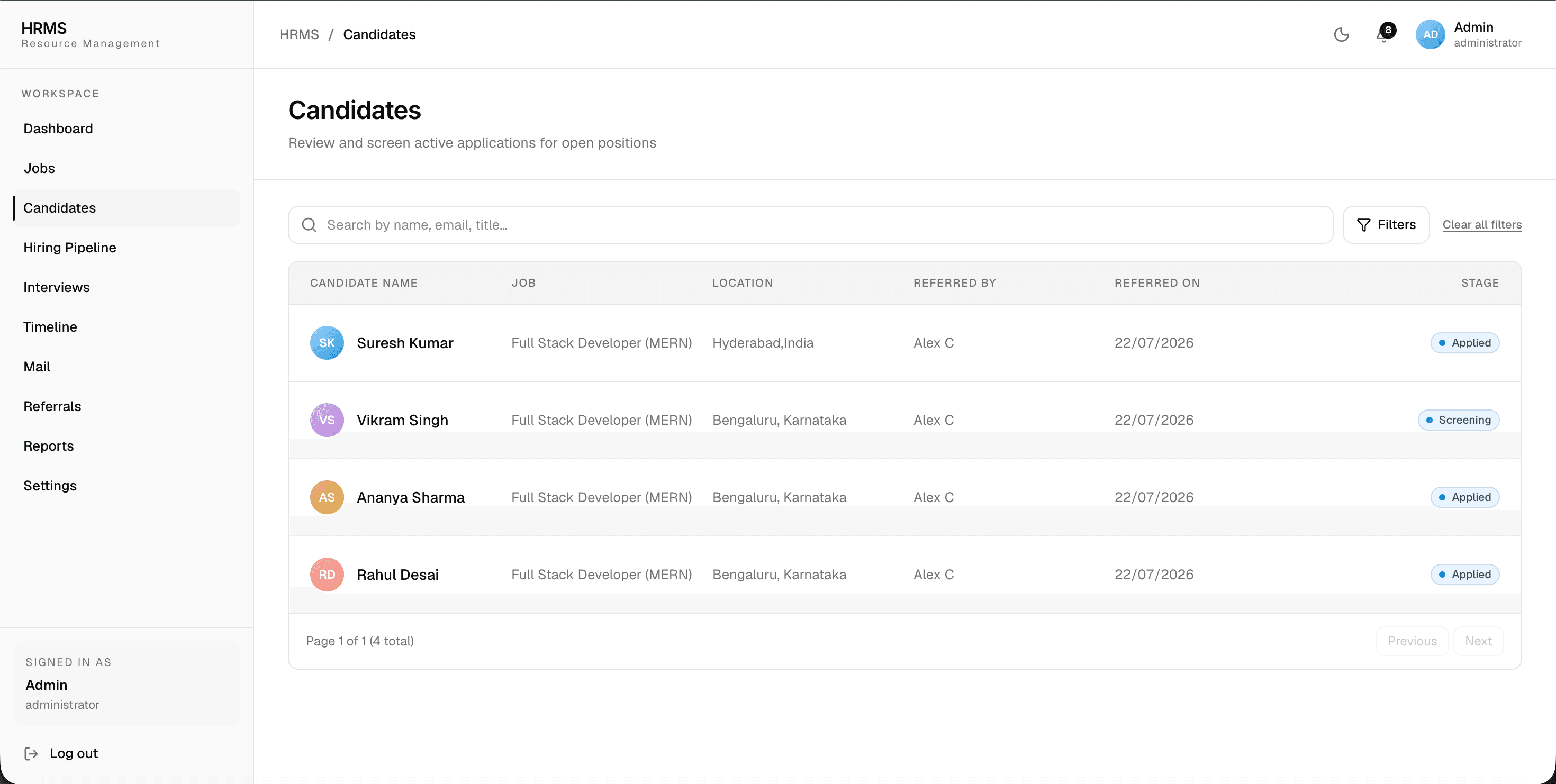 Candidate tracking with hiring stages