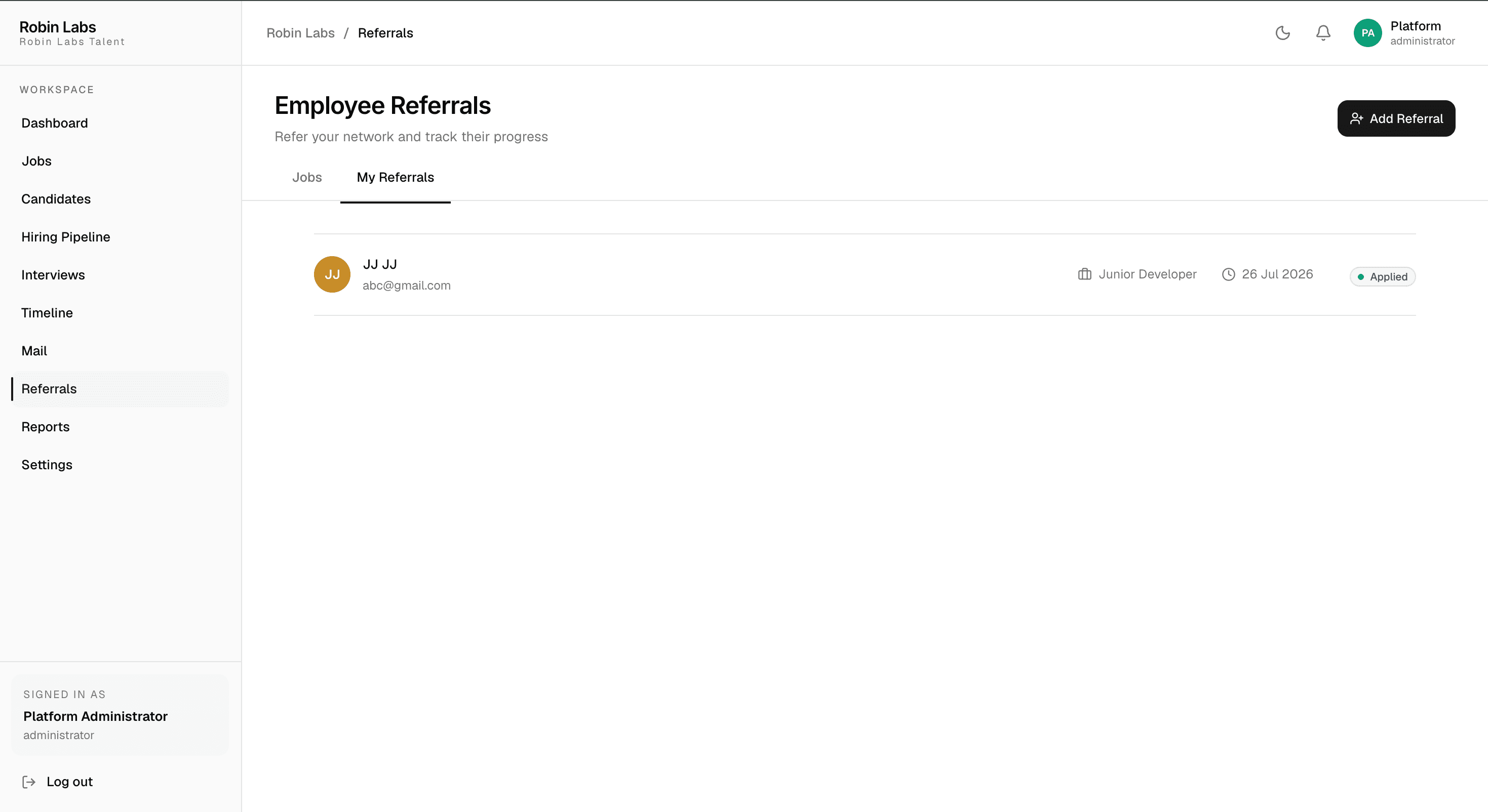 Employee referrals screen listing a referred candidate with role, referral date, and current status