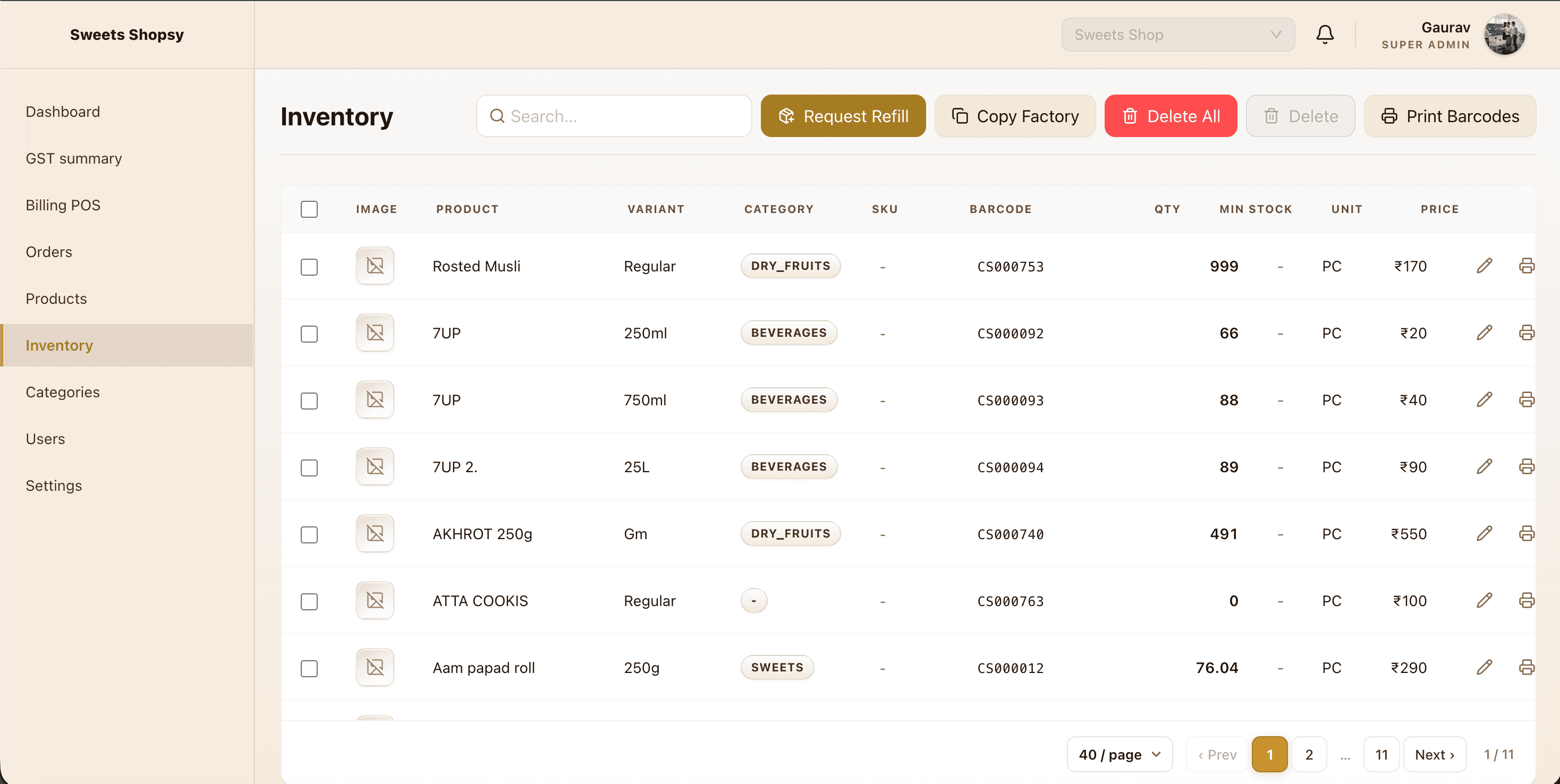 Multi-tenant inventory management dashboard