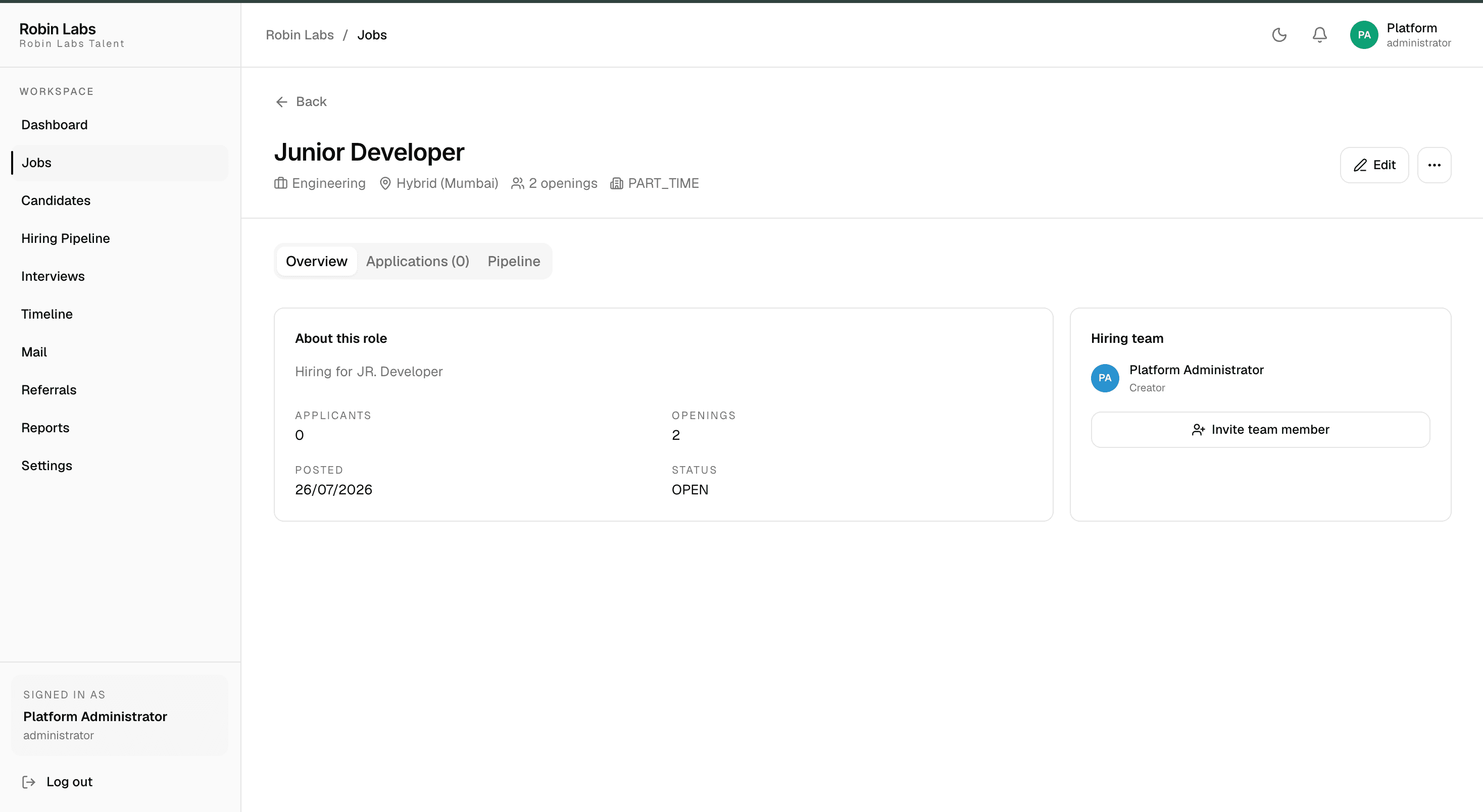Job detail with openings, status, and hiring team