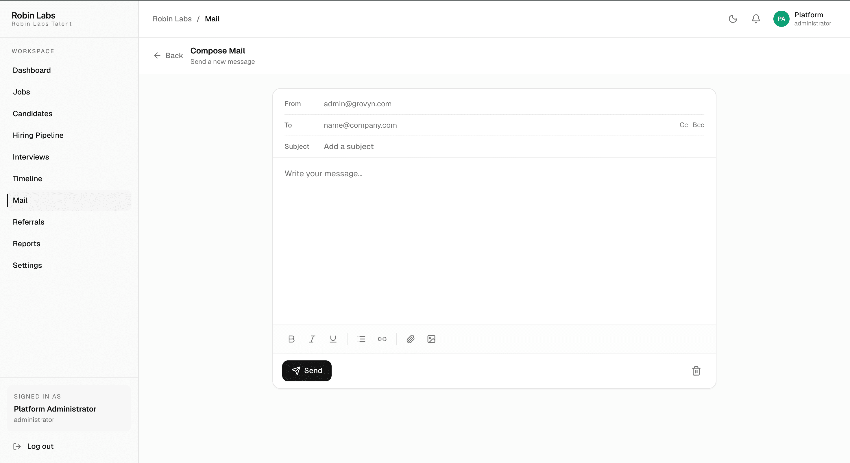 Compose mail screen with from, to, Cc, Bcc, subject, rich text body, formatting toolbar, and attachments