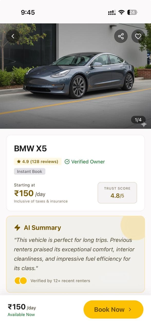 Vehicle listing with AI review summary