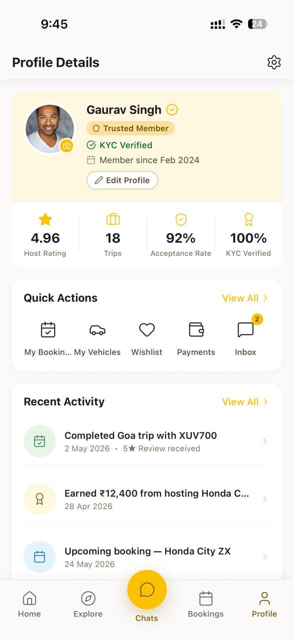 Vehicle rental host profile and dashboard